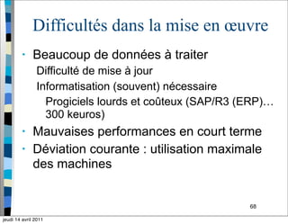 68
Difficultés dans la mise en œuvre
• Beaucoup de données à traiter
Difficulté de mise à jour
Informatisation (souvent) nécessaire
Progiciels lourds et coûteux (SAP/R3 (ERP)…
300 keuros)
• Mauvaises performances en court terme
• Déviation courante : utilisation maximale
des machines
jeudi 14 avril 2011
 