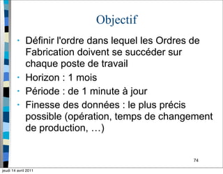 74
Objectif
• Définir l'ordre dans lequel les Ordres de
Fabrication doivent se succéder sur
chaque poste de travail
• Horizon : 1 mois
• Période : de 1 minute à jour
• Finesse des données : le plus précis
possible (opération, temps de changement
de production, …)
jeudi 14 avril 2011
 