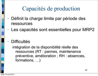 92
Capacités de production
• Définit la charge limite par période des
ressources
• Les capacités sont essentielles pour MRP2
• Difficultés
intégration de la disponibilité réelle des
ressources (RT : pannes, maintenance
préventive, amélioration ; RH : absences,
formations, …)
jeudi 14 avril 2011
 