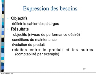 97
Expression des besoins
• Objectifs
définir le cahier des charges
• Résultats
objectifs (niveau de performance désiré)
conditions de maintenance
évolution du produit
relation entre le produit et les autres
(comptabilité par exemple)
jeudi 14 avril 2011
 