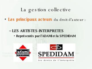 La gestion collective Les principaux acteurs  du droit d'auteur : LES ARTISTES-INTERPRETES Représentés par l'ADAMI et la SPEDIDAM 