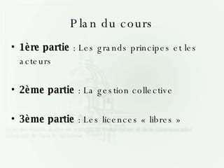 Plan du cours 1ère partie  : Les grands principes et les acteurs 2ème partie  : La gestion collective 3ème partie  : Les licences « libres » 