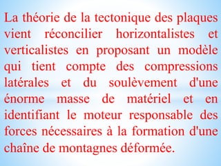 La théorie de la tectonique des plaques
vient réconcilier horizontalistes et
verticalistes en proposant un modèle
qui tient compte des compressions
latérales et du soulèvement d'une
énorme masse de matériel et en
identifiant le moteur responsable des
forces nécessaires à la formation d'une
chaîne de montagnes déformée.
 