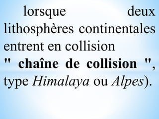 lorsque deux
lithosphères continentales
entrent en collision
" chaîne de collision ",
type Himalaya ou Alpes).
 