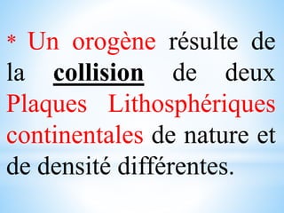 * Un orogène résulte de
la collision de deux
Plaques Lithosphériques
continentales de nature et
de densité différentes.
 