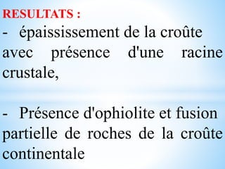 RESULTATS :
- épaississement de la croûte
avec présence d'une racine
crustale,
- Présence d'ophiolite et fusion
partielle de roches de la croûte
continentale
 