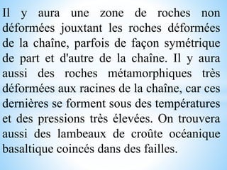 Il y aura une zone de roches non
déformées jouxtant les roches déformées
de la chaîne, parfois de façon symétrique
de part et d'autre de la chaîne. Il y aura
aussi des roches métamorphiques très
déformées aux racines de la chaîne, car ces
dernières se forment sous des températures
et des pressions très élevées. On trouvera
aussi des lambeaux de croûte océanique
basaltique coincés dans des failles.
 