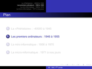 La «Préhistoire» : -40000 à 1945
Les premiers ordinateurs : 1946 à 1955
La mini-informatique : 1956 à 1970
La micro-informatique : 1971 à nos jours
Plan
1 La «Préhistoire» : -40000 à 1945
2 Les premiers ordinateurs : 1946 à 1955
3 La mini-informatique : 1956 à 1970
4 La micro-informatique : 1971 à nos jours
SE - SRC 1ère
année
 