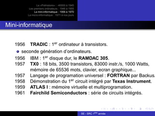 La «Préhistoire» : -40000 à 1945
Les premiers ordinateurs : 1946 à 1955
La mini-informatique : 1956 à 1970
La micro-informatique : 1971 à nos jours
Mini-informatique
1956 TRADIC : 1er ordinateur à transistors.
seconde génération d’ordinateurs.
1956 IBM : 1er disque dur, le RAMDAC 305.
1957 TX0 : 18 bits, 3500 transistors, 83000 instr./s, 1000 Watts,
mémoire de 65536 mots, clavier, ecran graphique...
1957 Langage de programation universel : FORTRAN par Backus.
1958 Démonstration du 1er circuit intégré par Texas Instrument.
1959 ATLAS I : mémoire virtuelle et multiprogramation.
1961 Fairchild Semiconductors : série de circuits intégrés.
SE - SRC 1ère
année
 