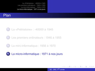 La «Préhistoire» : -40000 à 1945
Les premiers ordinateurs : 1946 à 1955
La mini-informatique : 1956 à 1970
La micro-informatique : 1971 à nos jours
Plan
1 La «Préhistoire» : -40000 à 1945
2 Les premiers ordinateurs : 1946 à 1955
3 La mini-informatique : 1956 à 1970
4 La micro-informatique : 1971 à nos jours
SE - SRC 1ère
année
 