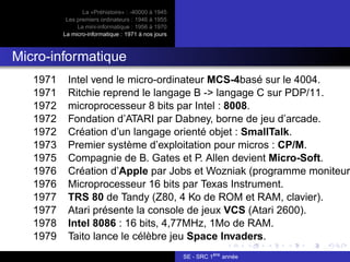 La «Préhistoire» : -40000 à 1945
Les premiers ordinateurs : 1946 à 1955
La mini-informatique : 1956 à 1970
La micro-informatique : 1971 à nos jours
Micro-informatique
1971 Intel vend le micro-ordinateur MCS-4basé sur le 4004.
1971 Ritchie reprend le langage B -> langage C sur PDP/11.
1972 microprocesseur 8 bits par Intel : 8008.
1972 Fondation d’ATARI par Dabney, borne de jeu d’arcade.
1972 Création d’un langage orienté objet : SmallTalk.
1973 Premier système d’exploitation pour micros : CP/M.
1975 Compagnie de B. Gates et P. Allen devient Micro-Soft.
1976 Création d’Apple par Jobs et Wozniak (programme moniteur)
1976 Microprocesseur 16 bits par Texas Instrument.
1977 TRS 80 de Tandy (Z80, 4 Ko de ROM et RAM, clavier).
1977 Atari présente la console de jeux VCS (Atari 2600).
1978 Intel 8086 : 16 bits, 4,77MHz, 1Mo de RAM.
1979 Taito lance le célèbre jeu Space Invaders.
SE - SRC 1ère
année
 