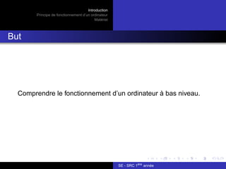 Introduction
Principe de fonctionnement d’un ordinateur
Matériel
But
Comprendre le fonctionnement d’un ordinateur à bas niveau.
SE - SRC 1ère
année
 