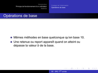 Introduction
Principe de fonctionnement d’un ordinateur
Matériel
Codage de l’information
Opérations de base
Opérations de base
Mêmes méthodes en base quelconque qu’en base 10.
Une retenue ou report apparaît quand on atteint ou
dépasse la valeur b de la base.
SE - SRC 1ère
année
 
