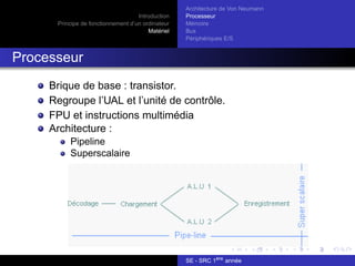 Introduction
Principe de fonctionnement d’un ordinateur
Matériel
Architecture de Von Neumann
Processeur
Mémoire
Bus
Périphériques E/S
Processeur
Brique de base : transistor.
Regroupe l’UAL et l’unité de contrôle.
FPU et instructions multimédia
Architecture :
Pipeline
Superscalaire
SE - SRC 1ère
année
 