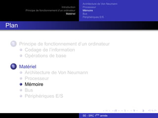 Introduction
Principe de fonctionnement d’un ordinateur
Matériel
Architecture de Von Neumann
Processeur
Mémoire
Bus
Périphériques E/S
Plan
5 Principe de fonctionnement d’un ordinateur
Codage de l’information
Opérations de base
6 Matériel
Architecture de Von Neumann
Processeur
Mémoire
Bus
Périphériques E/S
SE - SRC 1ère
année
 