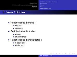 Introduction
Principe de fonctionnement d’un ordinateur
Matériel
Architecture de Von Neumann
Processeur
Mémoire
Bus
Périphériques E/S
Entrées / Sorties
Périphériques d’entrée :
clavier
scanner
Périphériques de sortie :
écran
imprimante
Périphériques d’entrée/sortie :
disque dur
carte son
SE - SRC 1ère
année
 