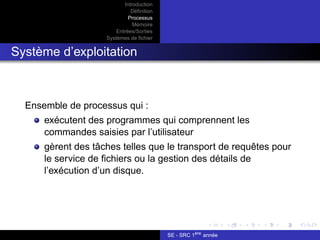 Introduction
Définition
Processus
Mémoire
Entrées/Sorties
Systèmes de fichier
Système d’exploitation
Ensemble de processus qui :
exécutent des programmes qui comprennent les
commandes saisies par l’utilisateur
gèrent des tâches telles que le transport de requêtes pour
le service de fichiers ou la gestion des détails de
l’exécution d’un disque.
SE - SRC 1ère
année
 