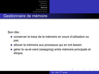 Introduction
Définition
Processus
Mémoire
Entrées/Sorties
Systèmes de fichier
Gestionnaire de mémoire
Son rôle :
conserver la trace de la mémoire en cours d’utilisation ou
pas
allouer la mémoire aux processus qui en ont besoin
gérer le va-et-vient (swapping) entre mémoire principale et
disque.
SE - SRC 1ère
année
 