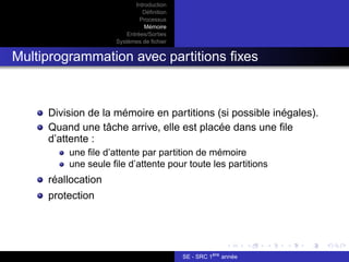 Introduction
Définition
Processus
Mémoire
Entrées/Sorties
Systèmes de fichier
Multiprogrammation avec partitions fixes
Division de la mémoire en partitions (si possible inégales).
Quand une tâche arrive, elle est placée dans une file
d’attente :
une file d’attente par partition de mémoire
une seule file d’attente pour toute les partitions
réallocation
protection
SE - SRC 1ère
année
 