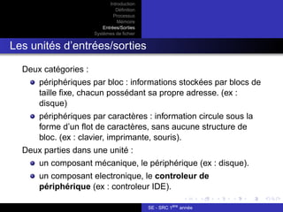 Introduction
Définition
Processus
Mémoire
Entrées/Sorties
Systèmes de fichier
Les unités d’entrées/sorties
Deux catégories :
périphériques par bloc : informations stockées par blocs de
taille fixe, chacun possédant sa propre adresse. (ex :
disque)
périphériques par caractères : information circule sous la
forme d’un flot de caractères, sans aucune structure de
bloc. (ex : clavier, imprimante, souris).
Deux parties dans une unité :
un composant mécanique, le périphérique (ex : disque).
un composant electronique, le controleur de
périphérique (ex : controleur IDE).
SE - SRC 1ère
année
 