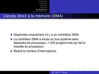 Introduction
Définition
Processus
Mémoire
Entrées/Sorties
Systèmes de fichier
L’accès direct à la mémoire (DMA)
Disponible uniquement s’il y a un contrôleur DMA.
Le contrôleur DMA a accès au bus système sans
dépendre du processeur -> E/S programmée qui fait le
travaille du processeur.
Reduit le nombre d’interruptions.
SE - SRC 1ère
année
 