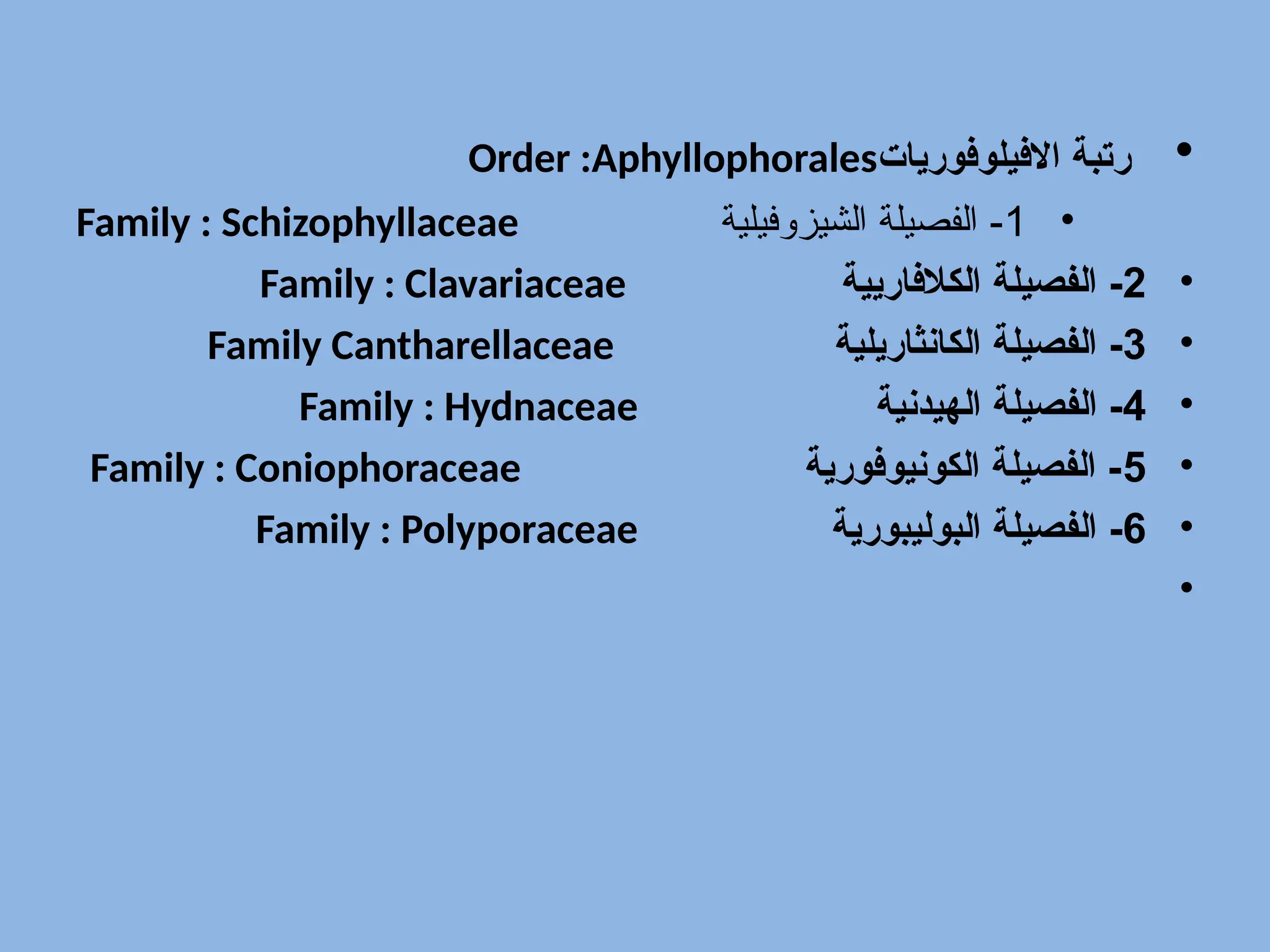 •
‫االفيلوفوريات‬ ‫رتبة‬
Order :Aphyllophorales
•
1
‫الشيزوفيلية‬ ‫الفصيلة‬ -
Family : Schizophyllaceae
•
2
‫الكالفاريية‬ ‫الفصيلة‬ -
Family : Clavariaceae
•
3
‫الكانثاريلية‬ ‫الفصيلة‬ -
Family Cantharellaceae
•
4
‫الهيدنية‬ ‫الفصيلة‬ -
Family : Hydnaceae
•
5
‫الكونيوفورية‬ ‫الفصيلة‬ -
Family : Coniophoraceae
•
6
‫البوليبورية‬ ‫الفصيلة‬ -
Family : Polyporaceae
•
 