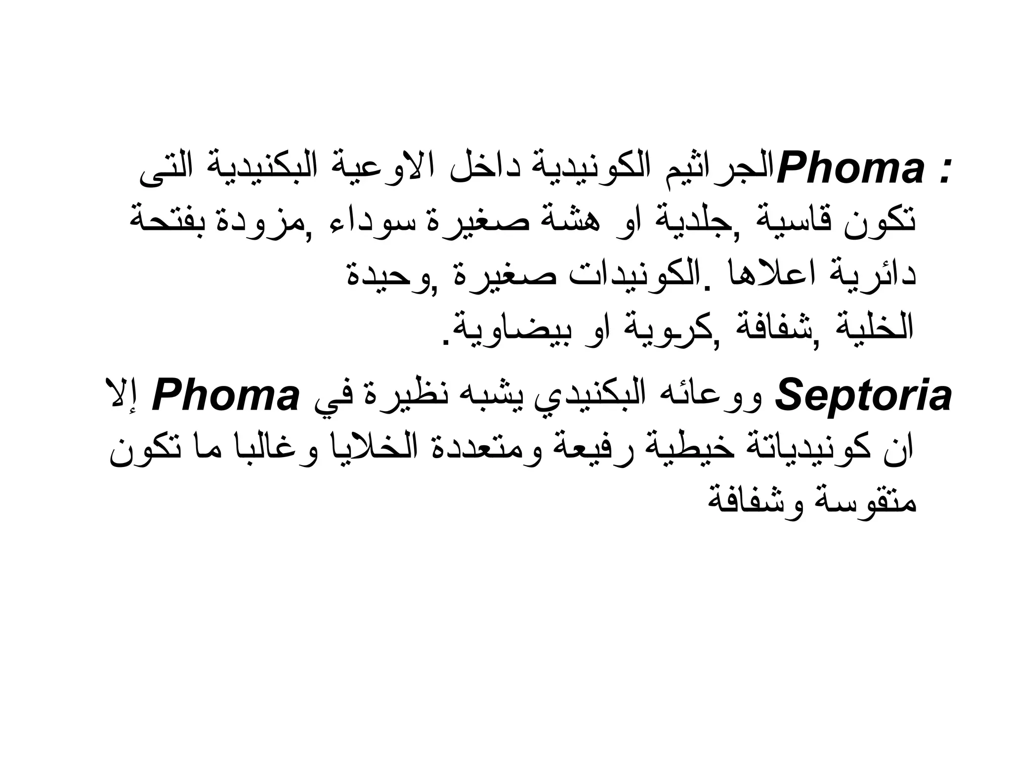 :
Phoma
‫التى‬ ‫البكنيدية‬ ‫االوعية‬ ‫داخل‬ ‫الكونيدية‬ ‫الجراثيم‬
‫بفتحة‬ ‫مزودة‬, ‫سوداء‬ ‫صغيرة‬ ‫هشة‬ ‫او‬ ‫جلدية‬, ‫قاسية‬ ‫تكون‬
‫وحيدة‬, ‫صغيرة‬ ‫الكونيدات‬. ‫اعالها‬ ‫دائرية‬
.‫بيضاوية‬ ‫او‬ ‫وية‬/
‫ر‬‫ك‬, ‫شفافة‬, ‫الخلية‬
Septoria
‫في‬ ‫نظيرة‬ ‫يشبه‬ ‫البكنيدي‬ ‫ووعائه‬
Phoma
‫إال‬
‫تكون‬ ‫ما‬ ‫وغالبا‬ ‫الخاليا‬ ‫ومتعددة‬ ‫رفيعة‬ ‫خيطية‬ ‫كونيدياتة‬ ‫ان‬
‫وشفافة‬ ‫متقوسة‬
 