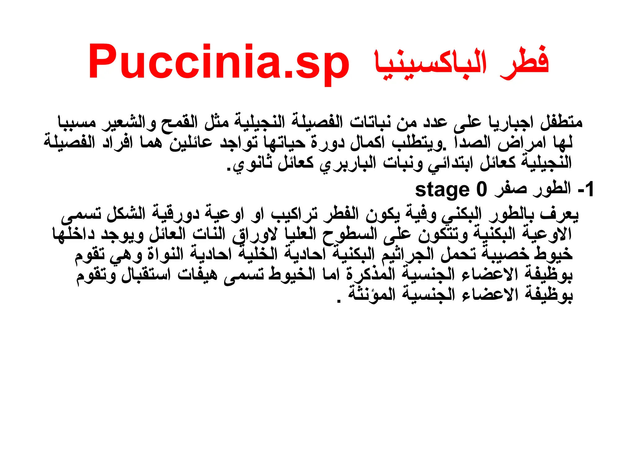 ‫الباكسينيا‬ ‫فطر‬
Puccinia.sp
‫مسببا‬ ‫والشعير‬ ‫القمح‬ ‫مثل‬ ‫النجيلية‬ ‫الفصيلة‬ ‫نباتات‬ ‫من‬ ‫عدد‬ ‫على‬ ‫اجباريا‬ ‫متطفل‬
‫الفصيلة‬ ‫افراد‬ ‫هما‬ ‫عائلين‬ ‫تواجد‬ ‫حياتها‬ ‫دورة‬ ‫اكمال‬ ‫ويتطلب‬. ‫الصدا‬ ‫امراض‬ ‫لها‬
.‫ثانوي‬ ‫كعائل‬ ‫الباربري‬ ‫ونبات‬ ‫ابتدائي‬ ‫كعائل‬ ‫النجيلية‬
1
‫صفر‬ ‫الطور‬ -
stage 0
‫تسمى‬ ‫الشكل‬ ‫دورقية‬ ‫اوعية‬ ‫او‬ ‫تراكيب‬ ‫الفطر‬ ‫يكون‬ ‫وفية‬ ‫البكني‬ ‫بالطور‬ ‫يعرف‬
‫داخلها‬ ‫ويوجد‬ ‫العائل‬ ‫النات‬ ‫الوراق‬ ‫العليا‬ ‫السطوح‬ ‫على‬ ‫وتتكون‬ ‫البكنية‬ ‫االوعية‬
‫تقوم‬ ‫وهي‬ ‫النواة‬ ‫احادية‬ ‫الخلية‬ ‫احادية‬ ‫البكنية‬ ‫الجراثيم‬ ‫تحمل‬ ‫خصيبة‬ ‫خيوط‬
‫وتقوم‬ ‫استقبال‬ ‫هيفات‬ ‫تسمى‬ ‫الخيوط‬ ‫اما‬ ‫المذكرة‬ ‫الجنسية‬ ‫االعضاء‬ ‫بوظيفة‬
. ‫المؤنثة‬ ‫الجنسية‬ ‫االعضاء‬ ‫بوظيفة‬
 