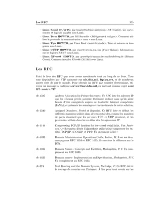 Les RFC 335
{ Linux Sound HOWTO, par tranter@software.mitel.com (Je Tranter). Les cartes
sonores et logiciels adapt
es sous Linux.
{ Linux Term HOWTO, par Bill Reynolds bill@goshawk.lanl.gov. Comment uti-
liser le protocole de communication (
( term )
) sous Linux.
{ Linux Tips HOWTO, par Vince Reed reedv@rpi.edu. Trucs et astuces en tous
genres sous Linux.
{ Linux UUCP HOWTO, par vince@victrola.wa.com (Vince Skahan). Informations
sur les logiciels UUCP sous Linux.
{ Linux XFree86 HOWTO, par geyer@polyhymnia.iwr.uni-heidelberg.de (Helmut
Geyer). Comment installer XFree86 (X11R6) sous Linux.
Les RFC
Voici la liste des RFC que nous avons mentionn
es tout au long de ce livre. Tous
sont disponibles par FTP anonyme sur nic.ddn.mil, ftp.uu.net, et de nombreux
autres sites de par le monde. Pour obtenir un RFC par courrier 
electronique, en-
voyez un message 
a l'adresse service@nic.ddn.mil, en mettant comme sujet send
RFC-num
ero.TXT.
rfc-1597 Address Allocation for Private Internets. Ce RFC liste les adresses IP
que les r
eseaux priv
es peuvent librement utiliser sans qu'ils aient
besoin d'^
etre enregistr
es aupr
es de l'autorit
e Internet comp
etente
(IANA), et pr
esente les avantages et inconv
enients de cette solution.
rfc-1340 Assigned Numbers, Postel et Reynolds. Ce RFC liste et d
e nit les
di 
erents num
eros utilis
es dans divers protocoles, comme les num
eros
de ports standard que les serveurs TCP et UDP 
ecoutent, et les
protocoles utilis
es dans les en-t^
etes des datagrammes IP.
rfc-1144 Compressing TCP/IP headers for low-speed serial links, Van Jacob-
son. Ce document d
ecrit l'algorithme utilis
e pour compresser les en-
t^
etes TCP/IP en CSLIP et PPP. Un document 
a lire!
rfc-1033 Domain Administrators Operations Guide, Lottor, M. Avec ses deux
compagnons RFC 1034 et RFC 1035, il constitue la r
ef
erence sur le
DNS.
rfc-1034 Domain Names - Concepts and Facilities, Mockapetris, P.V. Un com-
pl
ement au RFC 1033.
rfc-1035 Domain names - Implementation and Speci cation, Mockapetris, P.V.
Un compl
ement au RFC 1033.
rfc-974 Mail Routing and the Domain System, Partridge, C. Ce RFC d
ecrit
le routage du courrier sur l'Internet. 
A lire pour tout savoir sur les
 