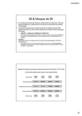 31/03/2011
10
SR & Masque de SR
• Le nombre croissant de réseaux, notamment sur Internet, a fini par
poser problème, en particulier à cause de la saturation du schéma
d'adressage.
• Le fractionnement d'un réseau en plusieurs réseaux permet de
réduire le trafic sur chacun des réseaux ou d'isoler certains groupes
de travail.
– <@-IP> = <netw.nr><subnet nr><host nr>
– L'échange de messages des stations situées sur deux sous-réseaux différents
ne pourra se faire directement, mais uniquement par l'intermédiaire d'un
routeur.
• Exemple
Une classe A avec un masque de SR: 255.255.0.0 est découpée en 254 SR de
65534 stations.
– Une classe A avec un masque de SR 255.240.0.0 (11111111 11110000 00000000
00000000) est découpée en 14 SR de 1 048 574 stations (4 bits permettent de coder
16 valeurs - 2 réservées).
19
20
 