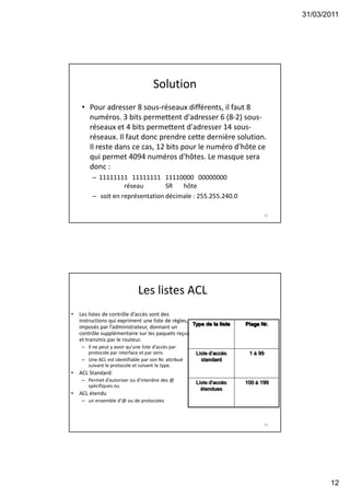 31/03/2011
12
Solution
• Pour adresser 8 sous-réseaux différents, il faut 8
numéros. 3 bits permettent d'adresser 6 (8-2) sous-
réseaux et 4 bits permettent d'adresser 14 sous-
réseaux. Il faut donc prendre cette dernière solution.
Il reste dans ce cas, 12 bits pour le numéro d'hôte ce
qui permet 4094 numéros d'hôtes. Le masque sera
donc :
– 11111111 11111111 11110000 00000000
réseau SR hôte
– soit en représentation décimale : 255.255.240.0
23
Les listes ACL
• Les listes de contrôle d’accès sont des
instructions qui expriment une liste de règles,
imposés par l’administrateur, donnant un
contrôle supplémentaire sur les paquets reçus
et transmis par le routeur.
– Il ne peut y avoir qu’une liste d’accès par
protocole par interface et par sens
– Une ACL est identifiable par son Nr. attribué
suivant le protocole et suivant le type.
• ACL Standard:
– Permet d’autoriser ou d’interdire des @
spécifiques ou
• ACL étendu
– un ensemble d’@ ou de protocoles
Type de la liste Plage Nr.
Liste d’accès
standard
1 à 99
Liste d’accès
étendues
100 à 199
24
 
