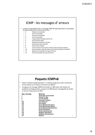 31/03/2011
16
ICMP : les messages d’ erreurs
• Lorsqu’une passerelle émet un message ICMP de type destination inaccessible,
le champ code décrit la nature de l’erreur :
– 0 Network Unreachable
– 1 Host Unreachable
– 2 Protocol Unreachable
– 3 Port Unreachable
– 4 Fragmentation Needed and DF set
– 5 Source Route Failed
– 6 Destination Network Unknown
– 7 Destination Host Unknown
– 8 Source Host Isolated
– 9 Communication with desination network administratively prohibited
– 10 Communication with desination host administratively prohibited
– 11 Network Unreachable for type of Service
– 12 Host Unreachable for type of Service
31
Paquets ICMPv6
• Utiliser l'utilitaire ping6 (équivalent à l'utilitaire ping) pour tester la présence
d'une machine sur le réseau en prenant une @IPv6
• la longueur du message ICMPv6 est limitée à 1 280 octets, afin d’éviter les
problèmes de fragmentation, puisqu'il est difficilement envisageable de mettre
en œuvre la découverte du MTU
32
Type message Meaning
1 Destination Unreachable
2 Packet Too Big
3 Time Exceeded
4 Parameter Problem
128 Echo Request
129 Echo Reply
130 Group Membership Query
131 Group Membership Report
132 Group Membership Reduction
133 Router Solicitation
134 Router Advertisement
135 Neighbor Solicitation
136 Neighbor Advertisement
137 Redirect
 