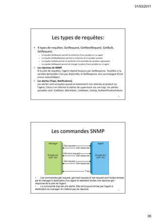 31/03/2011
38
Les types de requêtes:
• 4 types de requêtes: GetRequest, GetNextRequest, GetBulk,
SetRequest.
– La requête GetRequest permet la recherche d'une variable sur un agent.
– La requête GetNextRequest permet la recherche de la variable suivante.
– La requête GetBulk permet la recherche d'un ensemble de variables regroupées.
– La requête SetRequest permet de changer la valeur d'une variable sur un agent.
• Les réponses de SNMP
À la suite de requêtes, l'agent répond toujours par GetResponse. Toutefois si la
variable demandée n'est pas disponible, le GetResponse sera accompagné d'une
erreur noSuchObject.
• Les alertes (Traps, Notifications)
Les alertes sont envoyées quand un événement non attendu se produit sur
l'agent. Celui-ci en informe la station de supervision via une trap. Les alertes
possibles sont: ColdStart, WarmStart, LinkDown, LinkUp, AuthentificationFailure.
75
Les commandes SNMP
76
• Les commandes get-request, get-next-request et set-request sont toutes émises
par le manager à destination d'un agent et attendent toutes une réponse get -
response de la part de l'agent.
• La commande trap est une alerte. Elle est toujours émise par l'agent à
destination du manager, et n'attend pas de réponse.
 