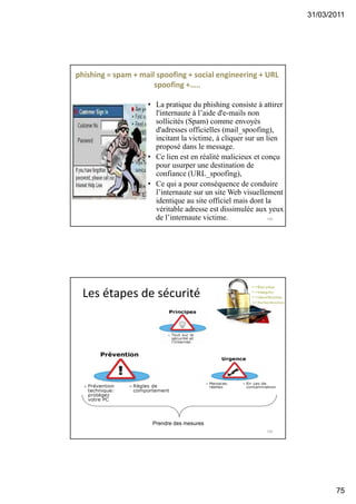 31/03/2011
75
phishing = spam + mail spoofing + social engineering + URL
spoofing +…..
• La pratique du phishing consiste à attirer
l'internaute à l’aide d'e-mails non
sollicités (Spam) comme envoyés
d'adresses officielles (mail_spoofing),
incitant la victime, à cliquer sur un lien
proposé dans le message.
• Ce lien est en réalité malicieux et conçu
pour usurper une destination de
confiance (URL_spoofing),
• Ce qui a pour conséquence de conduire
l’internaute sur un site Web visuellement
identique au site officiel mais dont la
véritable adresse est dissimulée aux yeux
de l’internaute victime. 149
Les étapes de sécurité
150
Prendre des mesures
 