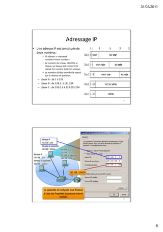 31/03/2011
8
Adressage IP
• Une adresse IP est constituée de
deux numéros:
• IP address = <network
number><host number>
• Le numéro de réseau identifie le
réseau sur lequel est connecté le
nœud. Ce numéro doit être unique.
• Le numéro d'hôte identifie le nœud
sur le réseau en question.
– classe A : de 1 à 126
– classe B : de 128.1. à 191.254
– classe C : de 192.0.1 à 223.255.254
15
16
 