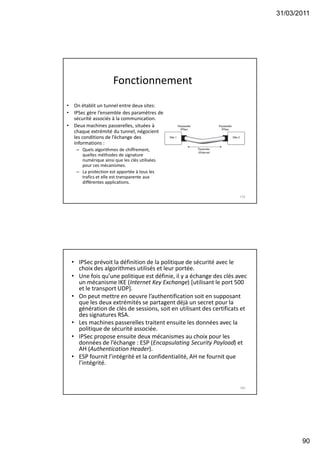 31/03/2011
90
Fonctionnement
• On établit un tunnel entre deux sites:
• IPSec gère l’ensemble des paramètres de
sécurité associés à la communication.
• Deux machines passerelles, situées à
chaque extrémité du tunnel, négocient
les conditions de l’échange des
informations :
– Quels algorithmes de chiffrement,
quelles méthodes de signature
numérique ainsi que les clés utilisées
pour ces mécanismes.
– La protection est apportée à tous les
trafics et elle est transparente aux
différentes applications.
179
• IPSec prévoit la définition de la politique de sécurité avec le
choix des algorithmes utilisés et leur portée.
• Une fois qu’une politique est définie, il y a échange des clés avec
un mécanisme IKE (Internet Key Exchange) [utilisant le port 500
et le transport UDP].
• On peut mettre en oeuvre l’authentification soit en supposant
que les deux extrémités se partagent déjà un secret pour la
génération de clés de sessions, soit en utilisant des certificats et
des signatures RSA.
• Les machines passerelles traitent ensuite les données avec la
politique de sécurité associée.
• IPSec propose ensuite deux mécanismes au choix pour les
données de l’échange : ESP (Encapsulating Security Payload) et
AH (Authentication Header).
• ESP fournit l’intégrité et la confidentialité, AH ne fournit que
l’intégrité.
180
 