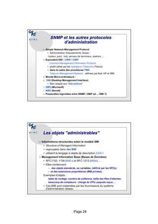 Page 24
SNMP et les autres protocoles
SNMP et les autres protocoles
d’administration
d’administration
❍ Simple Network Management Protocol
• Administration d'équipements réseau :
routeur, pont, hub, serveur de terminaux, stations ...
❍ Equivalent OSI : CMIS / CMIP
Common Management Information Protocol
• plutôt utilisé par les opérateurs Telecoms (Telcos)
• dans le cadre des procédures TMN
Telecom Management Network, définies par Bull, HP et IBM
❍ Monde Micro-ordinateurs :
❍ DMI (Desktop Management Interface)
• Bien adapté aux "télé-actions"
❍ SMS (Microsoft)
❍ NMS (Novell)
❍ Passerelles logicielles entre SNMP, CMIP (et ... DMI ?)
Les objets "
Les objets "administrables
administrables"
"
❍ Informations structurées selon le modèle SMI
• Structure of Managed Information
• regroupées dans des MIB
• utilisent le langage à objets de description ASN-1
❍ Management Information Base (Bases de Données)
• RFC1155, 1156 (MIB I) et RFC 1213 (MIBII) ...
• Elles contiennent
– des objets standards, ou variables, (définis par les RFCs)
– et des extensions propriétaires (MIB privées) .
Exemples d’objets :
table de routage, nombre de collisions, taille des files d'attentes
beaucoup de compteurs : charge du CPU, paquets reçus ...
• Ces MIB sont implantées par les fournisseurs du système
d'administration réseau
 