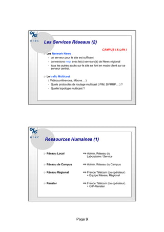 Page 9
Les Services Réseaux (2)
Les Services Réseaux (2)
CAMPUS ( & LAN )
❍ Les Network News
• un serveur pour le site est suffisant
• connexions nntp avec le(s) serveurs(s) de News régional
• tous les autres accès sur le site se font en mode client sur ce
serveur central.
❍ Le trafic Multicast
( Vidéoconférences, Mbone… )
• Quels protocoles de routage multicast ( PIM, DVMRP… ) ?
• Quelle topologie multicast ?
Ressources Humaines (1)
Ressources Humaines (1)
❍ Réseau Local => Admin. Réseau du
Laboratoire / Service
❍ Réseau de Campus => Admin. Réseau du Campus
❍ Réseau Régional => France Télécom (ou opérateur)
+ Equipe Réseau Régional
❍ Renater => France Télécom (ou opérateur)
+ GIP-Renater
 