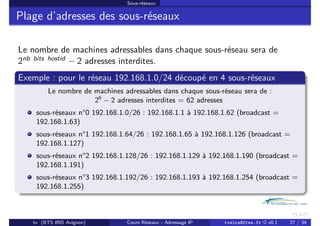 Sous-réseaux
Plage d’adresses des sous-réseaux
Le nombre de machines adressables dans chaque sous-réseau sera de
2nb bits hostid − 2 adresses interdites.
Exemple : pour le réseau 192.168.1.0/24 découpé en 4 sous-réseaux
Le nombre de machines adressables dans chaque sous-réseau sera de :
26
− 2 adresses interdites = 62 adresses
sous-réseaux n°0 192.168.1.0/26 : 192.168.1.1 à 192.168.1.62 (broadcast =
192.168.1.63)
sous-réseaux n°1 192.168.1.64/26 : 192.168.1.65 à 192.168.1.126 (broadcast =
192.168.1.127)
sous-réseaux n°2 192.168.1.128/26 : 192.168.1.129 à 192.168.1.190 (broadcast =
192.168.1.191)
sous-réseaux n°3 192.168.1.192/26 : 192.168.1.193 à 192.168.1.254 (broadcast =
192.168.1.255)
tv (BTS IRIS Avignon) Cours Réseaux - Adressage IP tvaira@free.fr « v0.1 27 / 34
 
