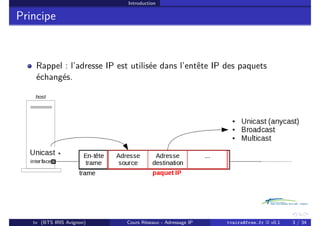 Introduction
Principe
Rappel : l’adresse IP est utilisée dans l’entête IP des paquets
échangés.
tv (BTS IRIS Avignon) Cours Réseaux - Adressage IP tvaira@free.fr « v0.1 3 / 34
 
