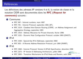 Références
Références
Les définitions des adresses IP versions 4 et 6, la notion de classe et la
notation CIDR sont documentées dans les RFC (Request for
comments) suivants :
1 Communes
RFC 997 - Internet numbers, mars 1987
RFC 791 - Internet Protocol, septembre 1981 (IP).
RFC 1519 - Classless Inter-Domain Routing (CIDR) : an Address Assignment and
Aggregation Strategy, septembre 1993
RFC 1918 - Address Allocation for Private Internets, février 1996
RFC 1531 - Dynamic Host Configuration Protocol, octobre 1993 (DHCP).
2 IPv4
RFC 3330 - Special-Use IPv4 Addresses, septembre 2002
RFC 903 - A Reverse Address Resolution Protocol, juin 1984 (RARP).
3 IPv6
RFC 2460 - Internet Protocol, Version 6 (IPv6) Specification, décembre 1998
RFC 2373 - IP Version 6 Addressing Architecture, juillet 1998
RFC 2893 - Transition Mechanisms for IPv6 Hosts and Routers, août 2000
tv (BTS IRIS Avignon) Cours Réseaux - Adressage IP tvaira@free.fr « v0.1 34 / 34
 