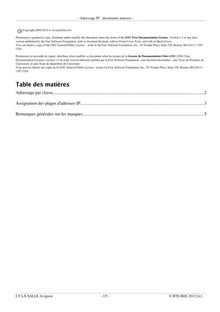 ­ Adressage IP : documents annexes ­
Copyright 2004­2012 tv <tvaira@free.fr>
Permission is granted to copy, distribute and/or modify this document under the terms of the GNU Free Documentation License, Version 1.1 or any later
version published by the Free Software Foundation; with no Invariant Sections, with no Front­Cover Texts, and with no Back­Cover.
You can obtain a copy of the GNU General Public License : write to the Free Software Foundation, Inc., 59 Temple Place, Suite 330, Boston, MA 02111­1307
USA
Permission est accordée de copier, distribuer et/ou modifier ce document selon les termes de la Licence de Documentation Libre GNU (GNU Free
Documentation License), version 1.1 ou toute version ultérieure publiée par la Free Software Foundation ; sans Sections Invariables ; sans Texte de Première de
Couverture, et sans Texte de Quatrième de Couverture.
Vous pouvez obtenir une copie de la GNU General Public License : écrire à la Free Software Foundation, Inc., 59 Temple Place, Suite 330, Boston, MA 02111­
1307 USA
Table des matières
Adressage par classe........................................................................................................................................2
Assignation des plages d'adresses IP...............................................................................................................3
Remarques générales sur les masques.............................................................................................................5
LT LA SALLE Avignon ­ 1/5 ­ © BTS IRIS 2012 [tv]
©
 