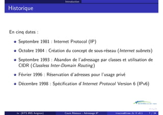 Introduction
Historique
En cinq dates :
Septembre 1981 : Internet Protocol (IP)
Octobre 1984 : Création du concept de sous-réseau (Internet subnets)
Septembre 1993 : Abandon de l’adressage par classes et utilisation de
CIDR (Classless Inter-Domain Routing)
Février 1996 : Réservation d’adresses pour l’usage privé
Décembre 1998 : Spécification d’Internet Protocol Version 6 (IPv6)
tv (BTS IRIS Avignon) Cours Réseaux - Adressage IP tvaira@free.fr « v0.1 7 / 34
 