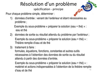 Résolution d’un problème
spécification - principe
Pour chaque problème simple, déterminer :
1) données d’entrée : venant de l’extérieur et étant nécessaires au
problème ;
Exemple du sous-problème « préparer la solution (eau + thé) » :
eau et thé
2) données de sortie ou résultat attendu du problème par l’extérieur ;
Exemple du sous-problème « préparer la solution (eau + thé) » :
Théière remplie d’eau et de thé
3) traitement à faire :
formules, équations, fonctions, constantes et autres outils
nécessaires à l’obtention des données de sortie ou du résultat
attendu à partir des données d’entrée.
Exemple du sous-problème « préparer la solution (eau + thé) » :
matériel et actions indispensables à l’obtention de la théière remplie
d’eau et de thé 12
 