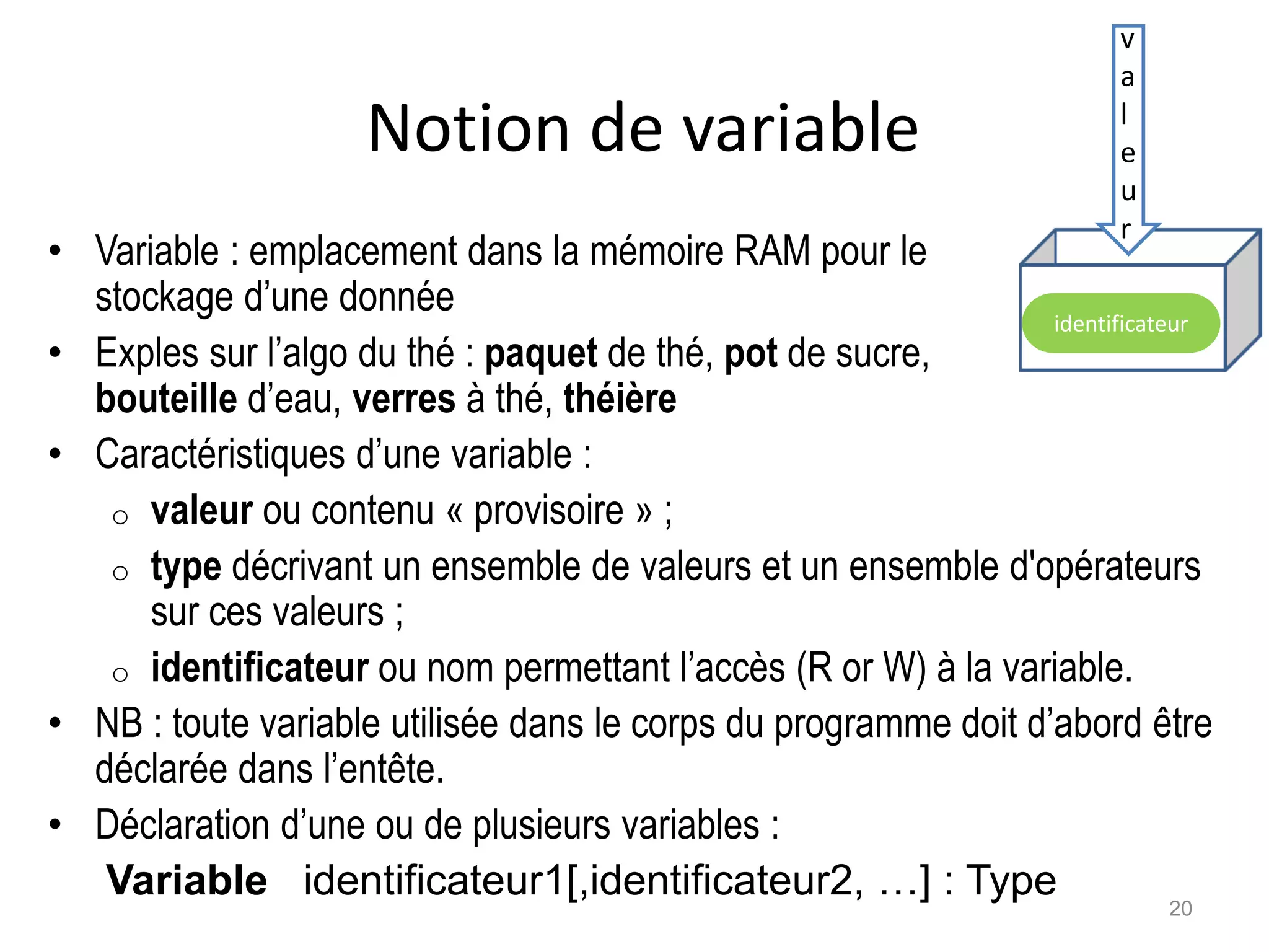 Notion de variable
• Variable : emplacement dans la mémoire RAM pour le
stockage d’une donnée
• Exples sur l’algo du thé : paquet de thé, pot de sucre,
bouteille d’eau, verres à thé, théière
• Caractéristiques d’une variable :
o valeur ou contenu « provisoire » ;
o type décrivant un ensemble de valeurs et un ensemble d'opérateurs
sur ces valeurs ;
o identificateur ou nom permettant l’accès (R or W) à la variable.
• NB : toute variable utilisée dans le corps du programme doit d’abord être
déclarée dans l’entête.
• Déclaration d’une ou de plusieurs variables :
Variable identificateur1[,identificateur2, …] : Type
v
a
l
e
u
r
identificateur
20
 