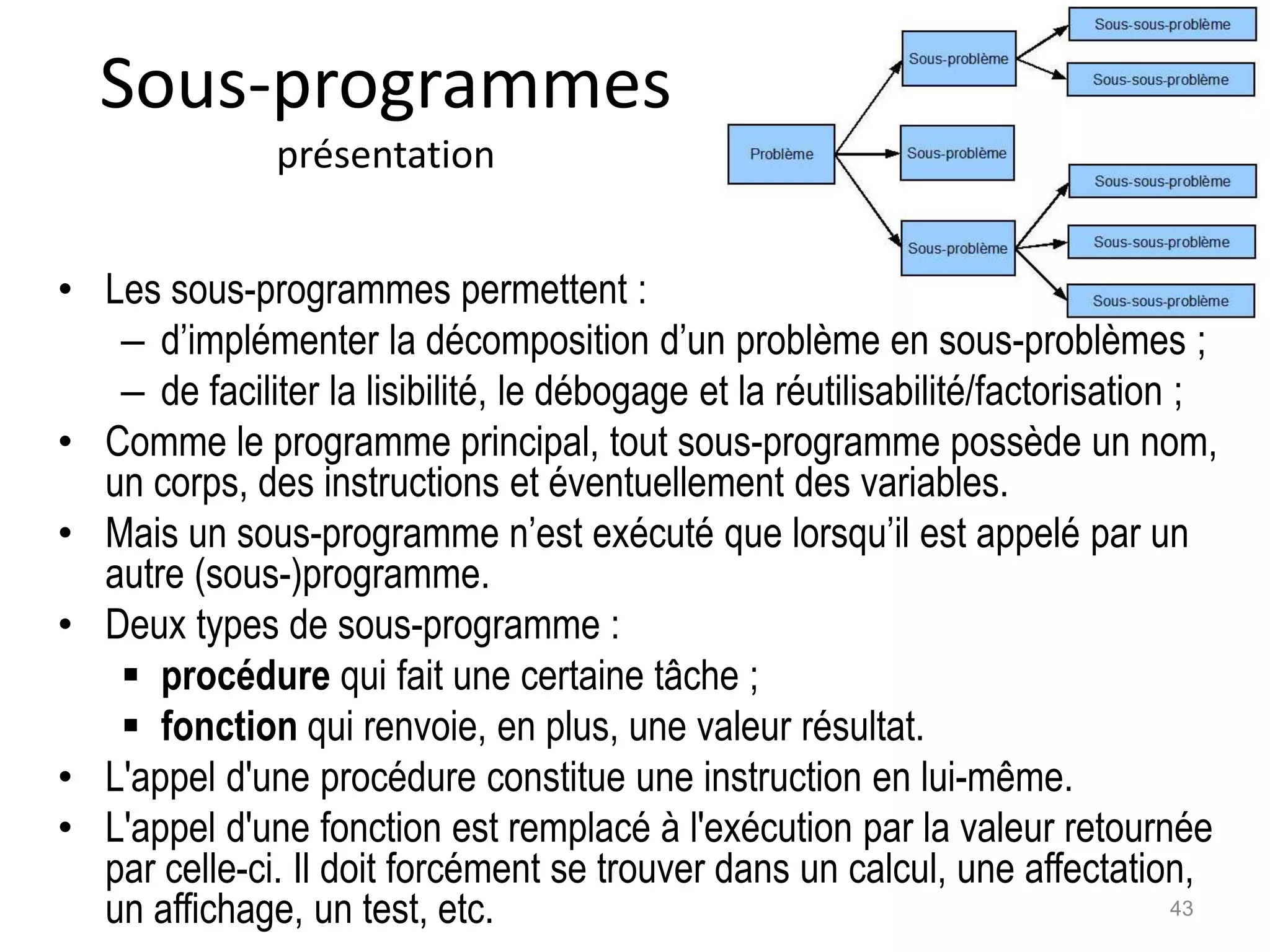 Sous-programmes
présentation
• Les sous-programmes permettent :
– d’implémenter la décomposition d’un problème en sous-problèmes ;
– de faciliter la lisibilité, le débogage et la réutilisabilité/factorisation ;
• Comme le programme principal, tout sous-programme possède un nom,
un corps, des instructions et éventuellement des variables.
• Mais un sous-programme n’est exécuté que lorsqu’il est appelé par un
autre (sous-)programme.
• Deux types de sous-programme :
 procédure qui fait une certaine tâche ;
 fonction qui renvoie, en plus, une valeur résultat.
• L'appel d'une procédure constitue une instruction en lui-même.
• L'appel d'une fonction est remplacé à l'exécution par la valeur retournée
par celle-ci. Il doit forcément se trouver dans un calcul, une affectation,
un affichage, un test, etc. 43
 