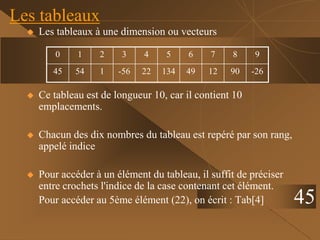 45
Les tableaux
 Les tableaux à une dimension ou vecteurs
 Ce tableau est de longueur 10, car il contient 10
emplacements.
 Chacun des dix nombres du tableau est repéré par son rang,
appelé indice
 Pour accéder à un élément du tableau, il suffit de préciser
entre crochets l'indice de la case contenant cet élément.
Pour accéder au 5ème élément (22), on écrit : Tab[4]
0 1 2 3 4 5 6 7 8 9
45 54 1 -56 22 134 49 12 90 -26
 