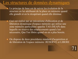 Les structures de données dynamiques
 Le principe de base est de suivre les évolution de la
structure en lui attribuant de la place en mémoire quand
elle grandit et en la récupérant quand elle diminue
 Ceci est réalisé par un mécanisme d'allocation et de
libération dynamique d'espace mémoire qui utilise une
zone mémoire particulière appelée TAS (HEAP) dans
laquelle on réserve des emplacements quand c'est
nécessaire, Que l'on libère quand on en a plus besoin.
 On dispose de deux procédures standard d'acquisition et
de libération de l'espace mémoire :RESERVE et LIBERE
71
 