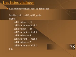 Les listes chaînées
 L'exemple précédent peut se définir par
Maillon cell1, cell2, cell3, cell4
Début
cell1.valeur ← 12
cell1.suivant ← #cell2
cell2.valeur ← 25
cell2.suivant ← #cell3
cell3.valeur ← 4
cell3.suivant ← #cell4
cell4.valeur ← 7
cell4.suivant ← NULL
Fin
78
 