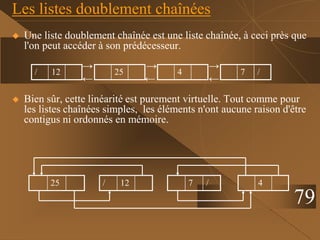 Les listes doublement chaînées
 Une liste doublement chaînée est une liste chaînée, à ceci près que
l'on peut accéder à son prédécesseur.
→ → →
← ← ←
 Bien sûr, cette linéarité est purement virtuelle. Tout comme pour
les listes chaînées simples, les éléments n'ont aucune raison d'être
contigus ni ordonnés en mémoire.
/ 12
79
7 /
25 4
/ 12
25 7 / 4
 
